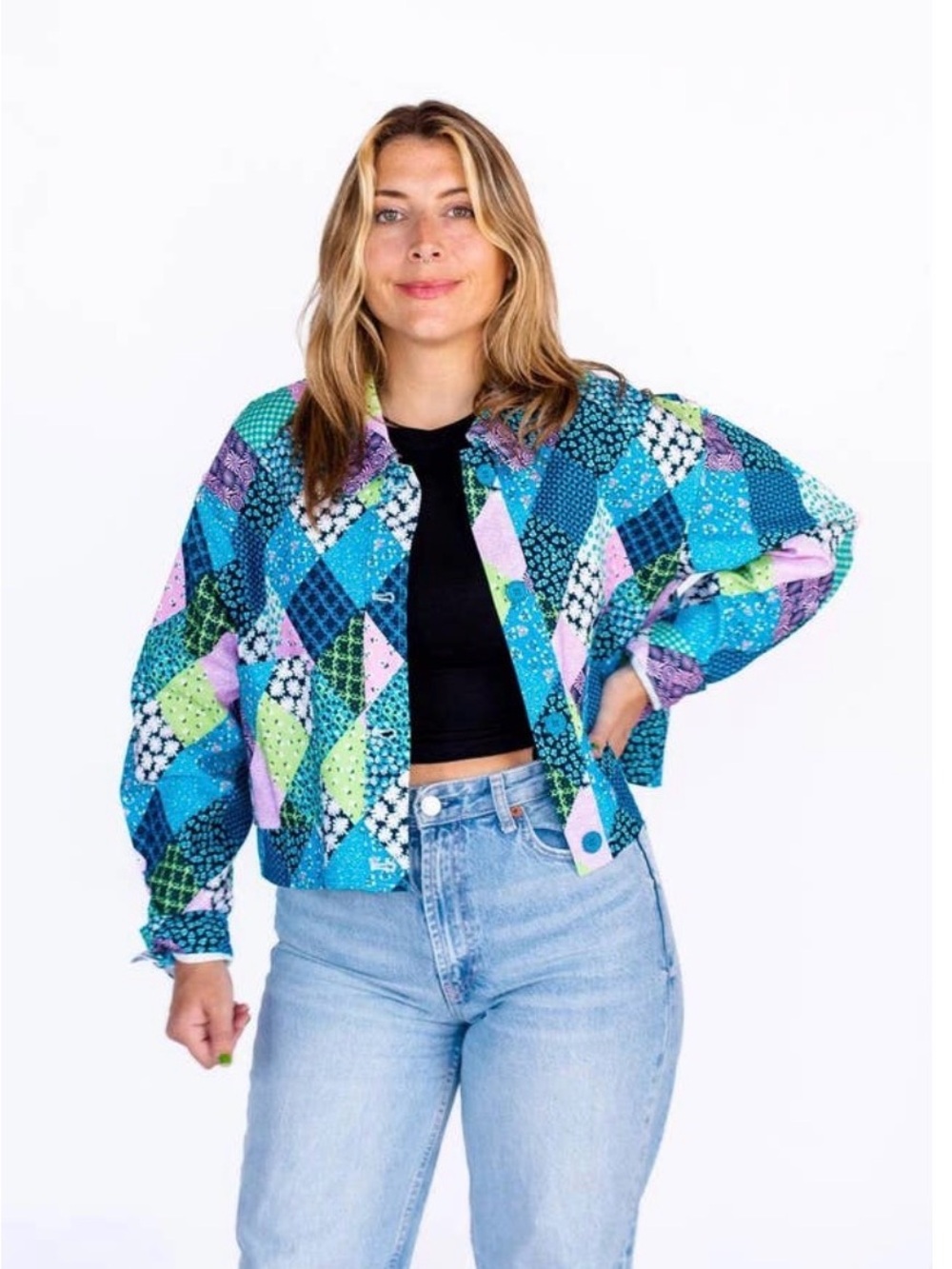 Patchwork Quilted Cropped Jean Jacket in Blue & Green